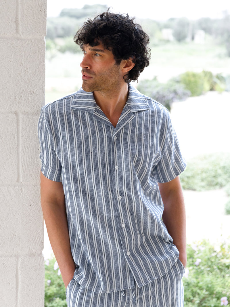 Leon Short Sleeve Relaxed Stripe Shirt - Navy