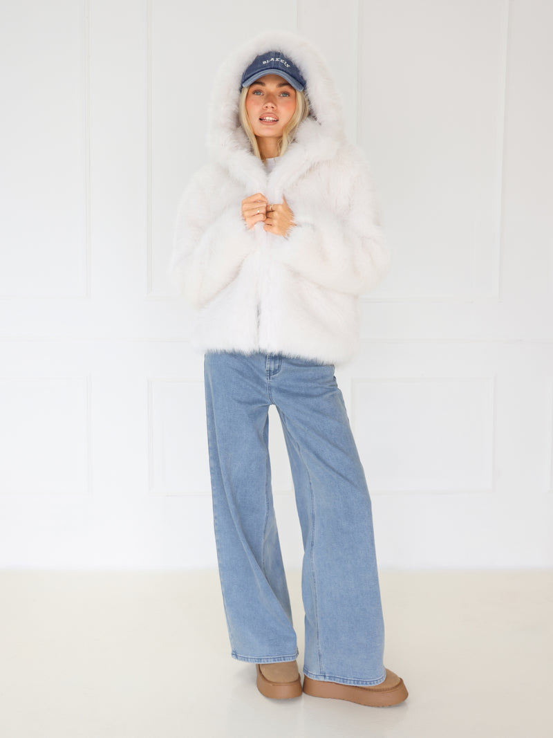 Gigi Faux Fur Hooded Coat - Off White