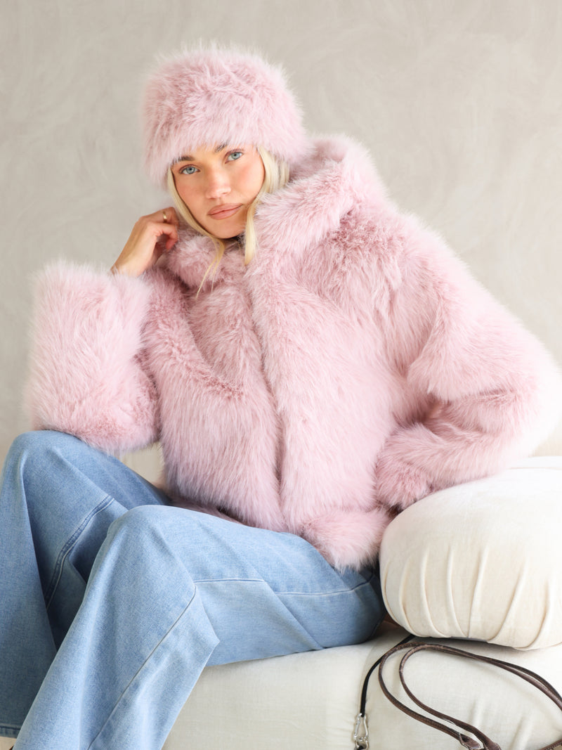 Gigi Faux Fur Hooded Coat - Pink