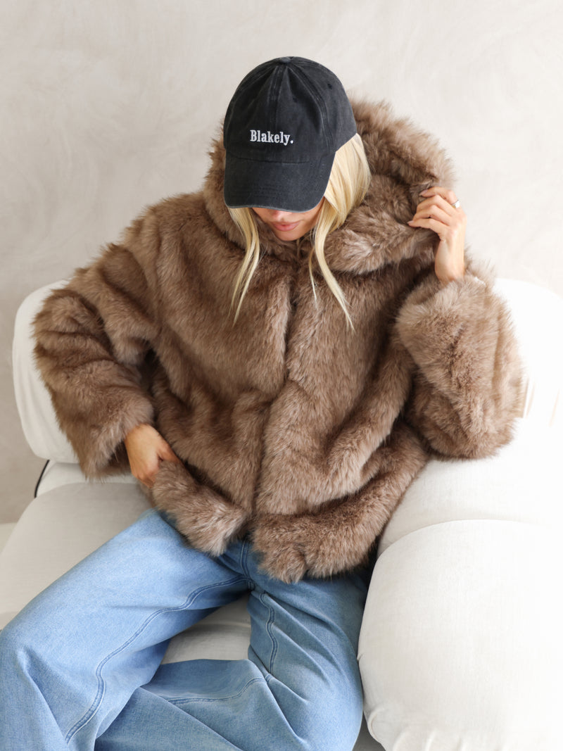 Gigi Faux Fur Hooded Coat - Light Brown