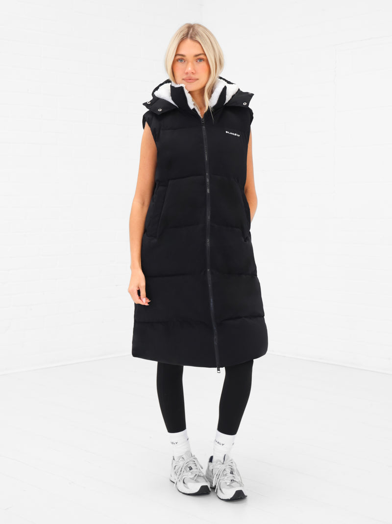 Mya Longline Fluffy Puffer Gilet - Black