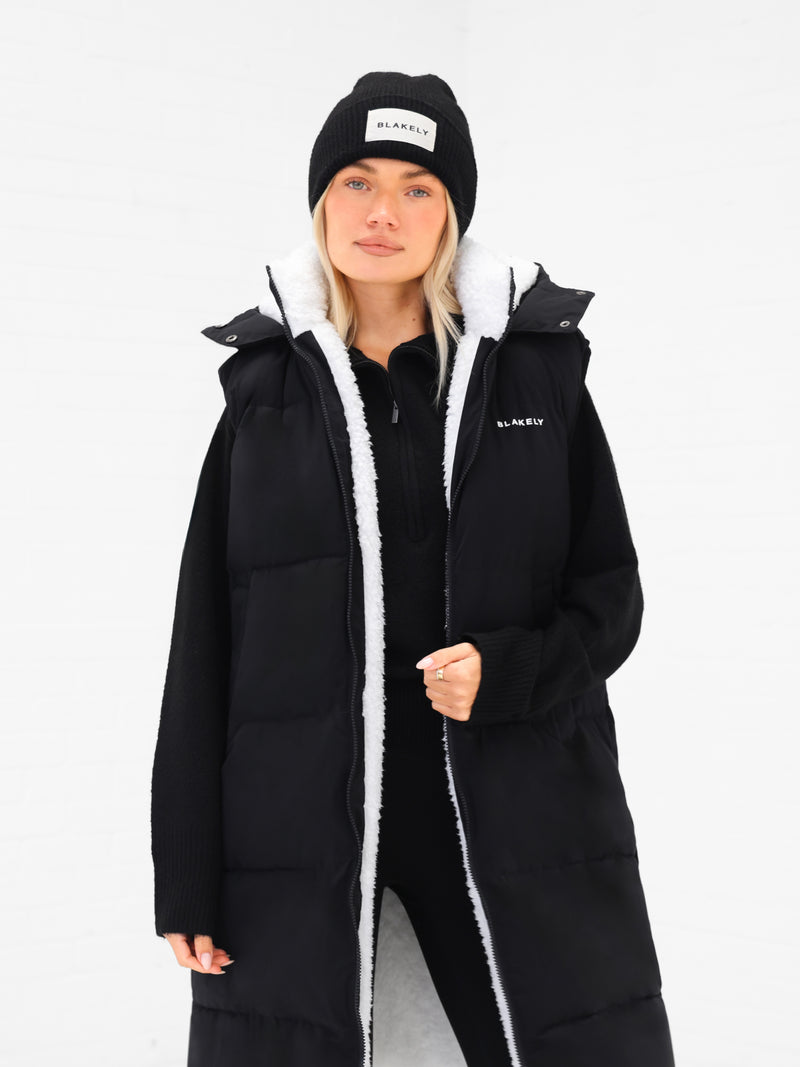 Mya Longline Fluffy Puffer Gilet - Black