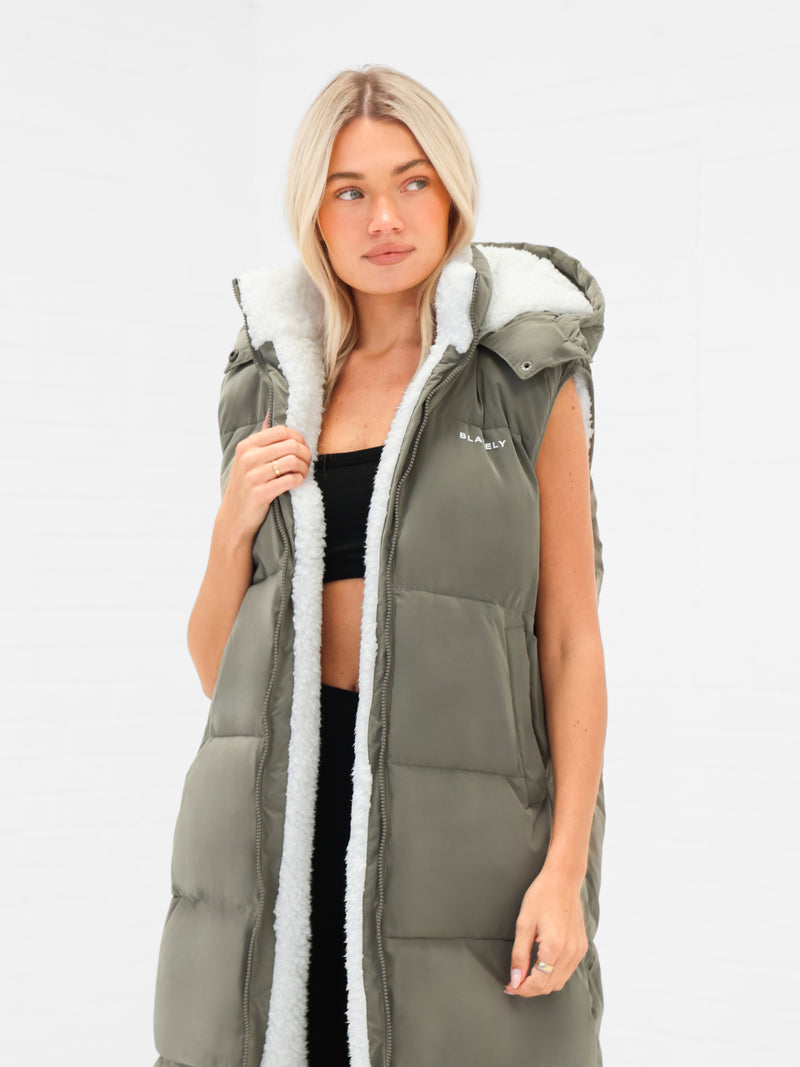 Mya Longline Fluffy Puffer Gilet - Safari Green