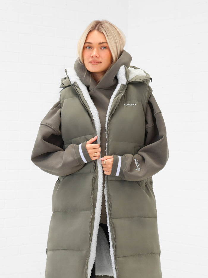 Mya Longline Fluffy Puffer Gilet - Safari Green