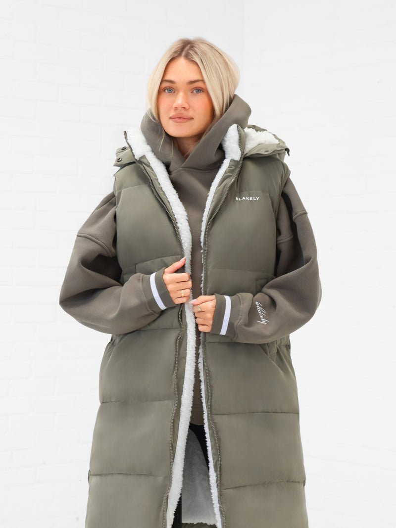Mya Longline Fluffy Puffer Gilet - Safari Green