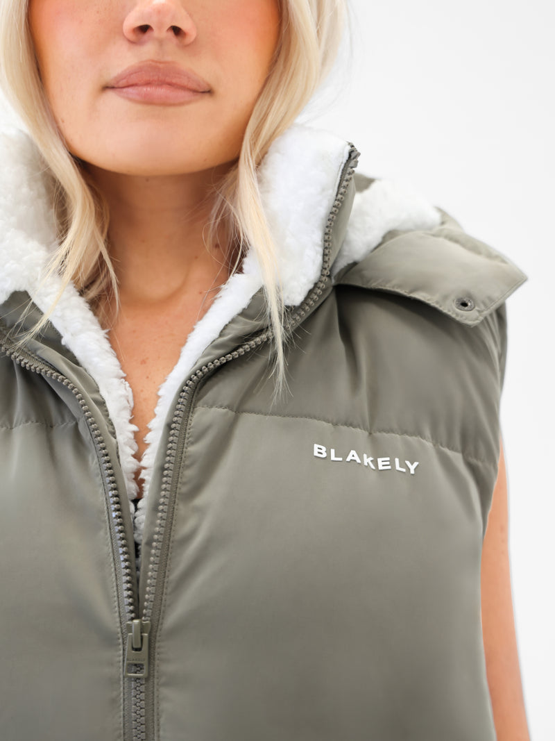 Mya Longline Fluffy Puffer Gilet - Safari Green