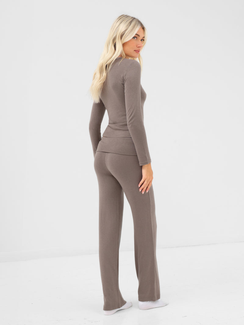 Melody Soft Knitted Fold Over Trousers - Cool Brown