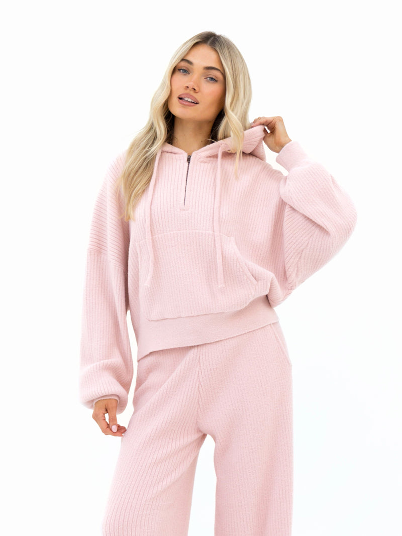 Zoey Ribbed Wide Leg Trousers - Baby Pink