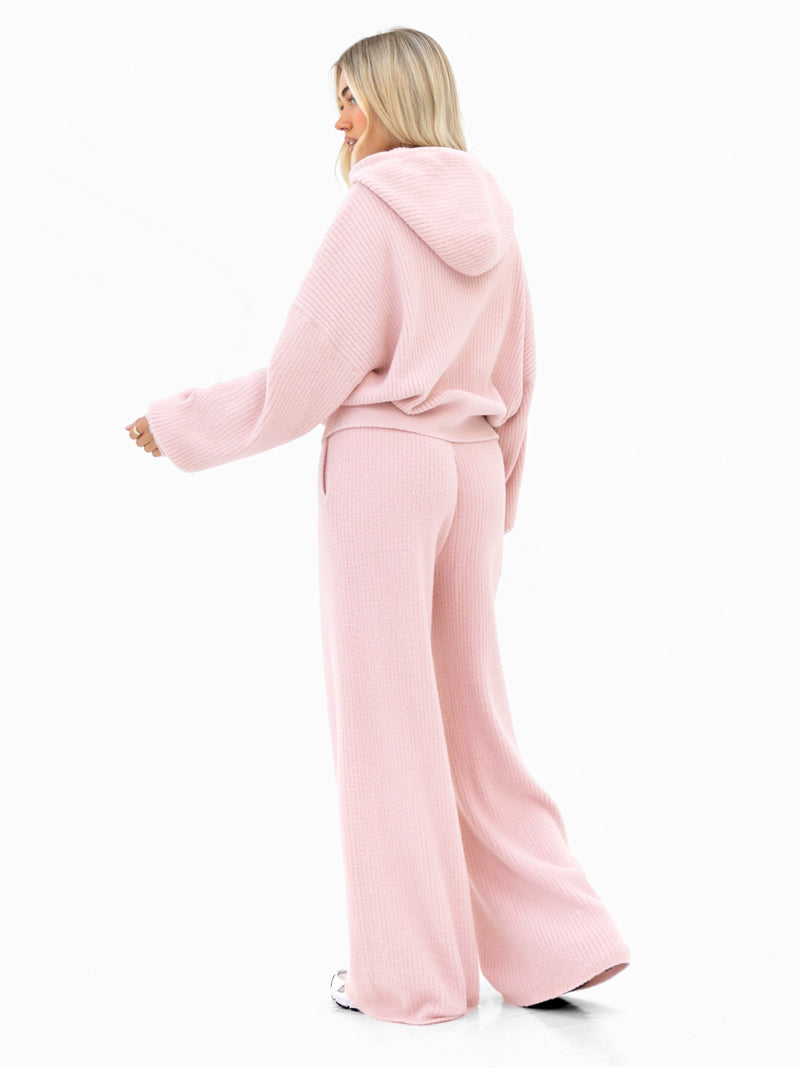 Zoey Ribbed Wide Leg Trousers - Baby Pink