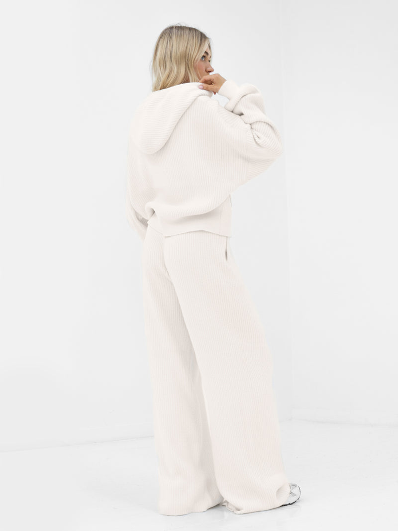 Zoey Ribbed Wide Leg Trousers - Off White