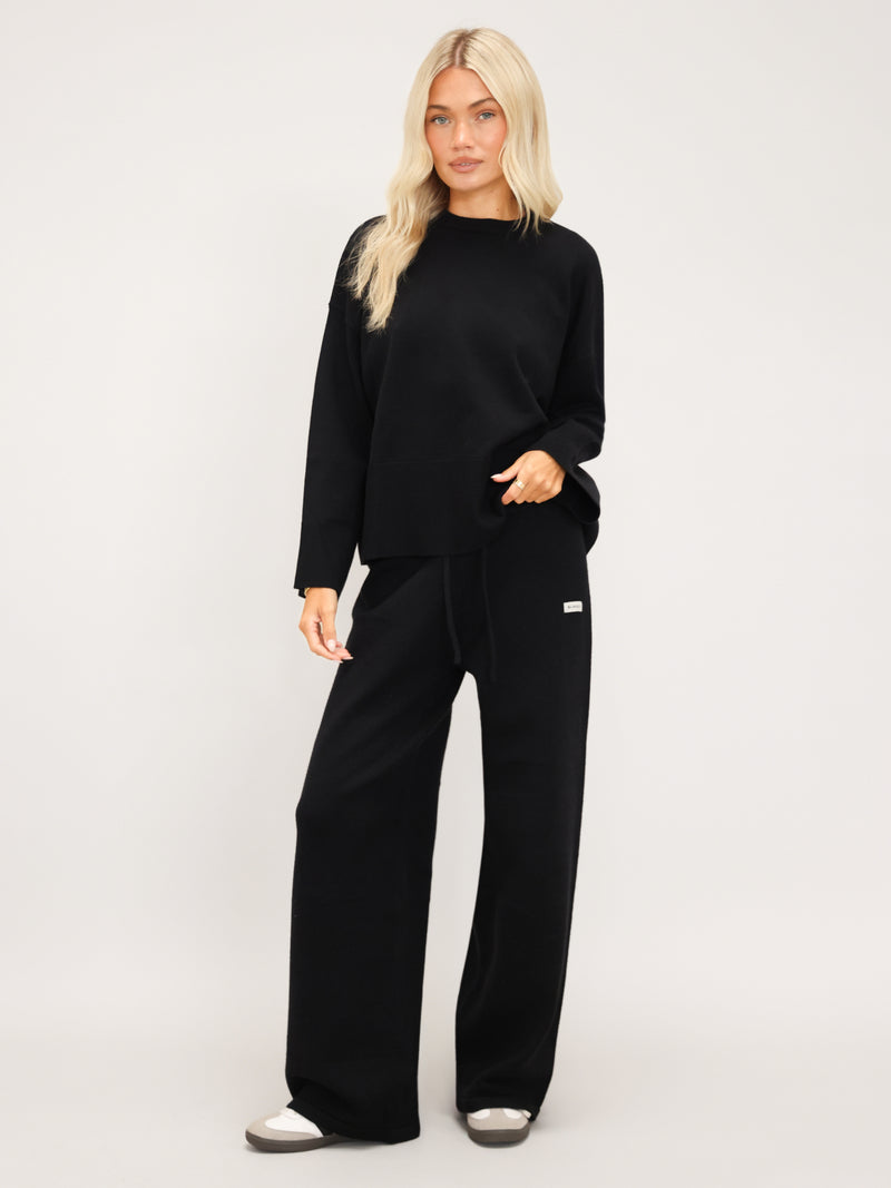 Layla Knitted Wide Leg Sweatpants - Black