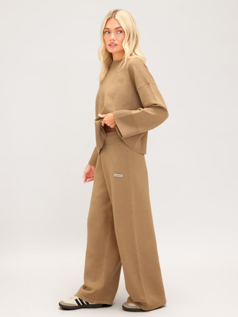 Layla Knitted Wide Leg Sweatpants - Caramel