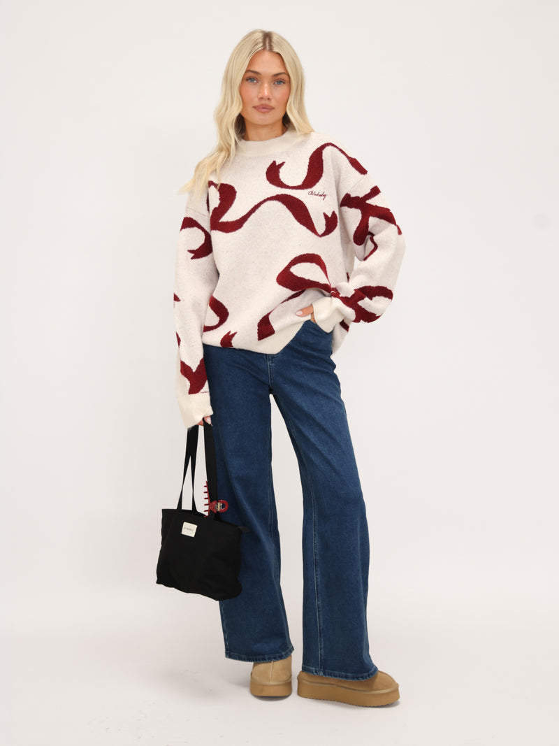 Bella Bow Knitted Sweater - Off White & Red