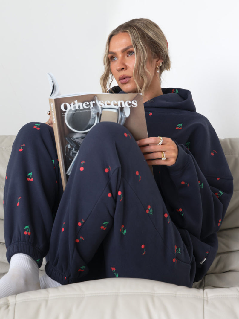 Rhea Cherry Print Cuffed Sweatpants - True Navy